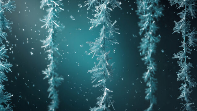 Delicate icy crystals hanging like shimmering curtains in a winter wonderland, a breathtaking teal backdrop with falling snow.