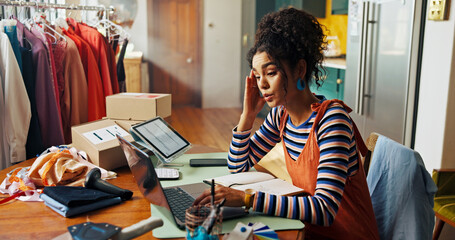 Headache, stress and woman on laptop for small business, lost order and package mistake of courier...