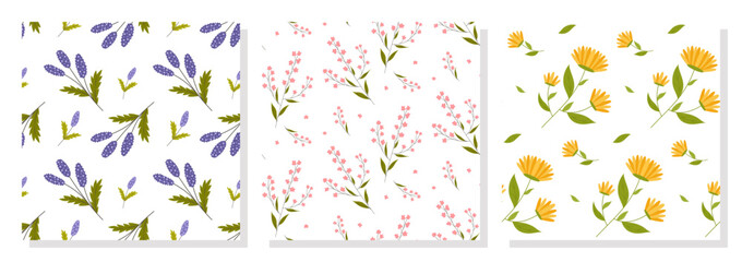 Fototapeta premium Collection of spring flower patterns. Summer wildflowers flat patterns. Perfect for fabric, textile, wallpaper, decor, print and packaging of products. Vector illustration in simple flat style.