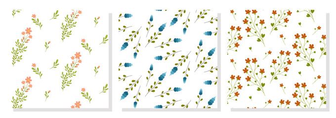 Collection of spring flower patterns. Summer wildflowers flat patterns. Perfect for fabric, textile, wallpaper, decor, print and packaging of products. Vector illustration in simple flat style.