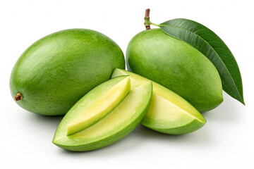 Ripe Green Mangoes with Attached Leaves - Texture Close-Up