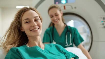 Obraz premium Medical assistant helping patient into heart scan machine, chest pain diagnostic imaging