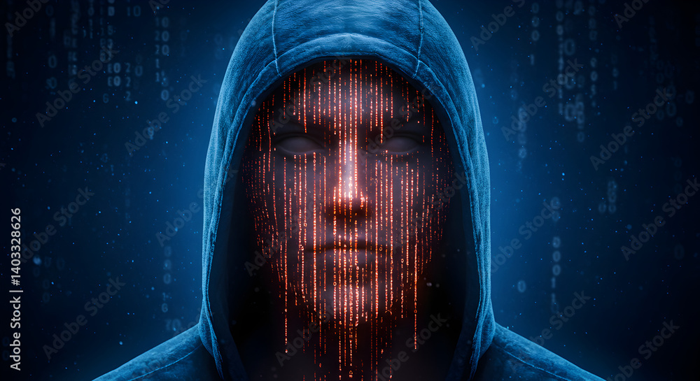 Poster mysterious hacker in hoodie with binary code overlay on face in dark blue background