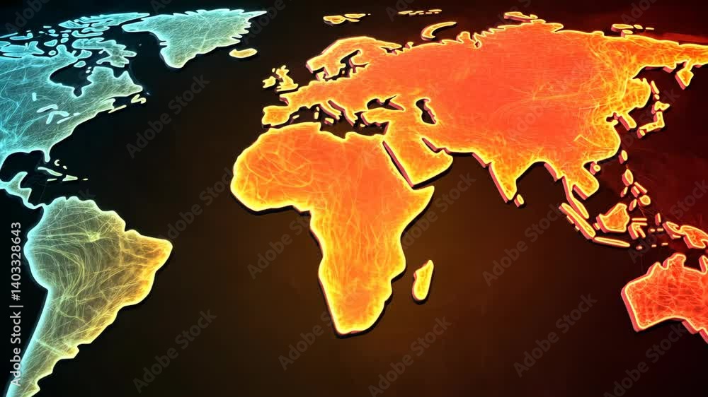 Poster abstract world map with glowing continents displayed in varying hues on a dark background