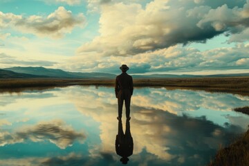 A solitary figure contemplates a mirrored sky over a tranquil lake.