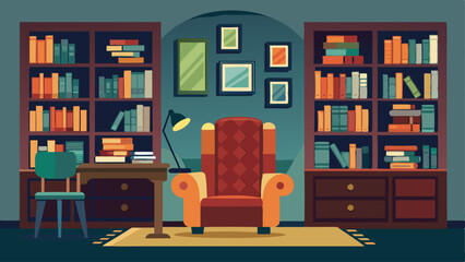 A study room with floortoceiling bookshelves filled with antique books a plush leather armchair and a modern desk.