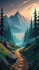 A mountain range with a path through the woods. The sky is cloudy and the sun is setting