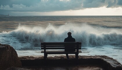 A solitary figure sits on a bench, observing powerful ocean waves.