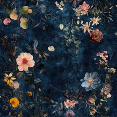 Floral pattern on a dark blue textured background.  Delicate flowers and foliage in various shades of pink, yellow, orange, and blue