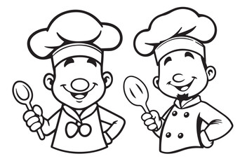 Cartoon Illustration of Two Chefs With Hats and Spoons Smiling