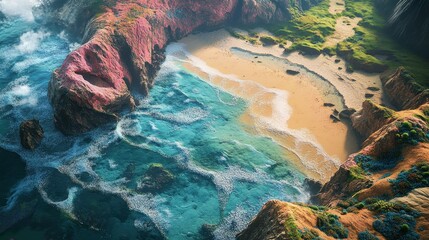 Secluded Cove  Turquoise Ocean  Aerial View  Sandy Beach  Coastal Cliffs