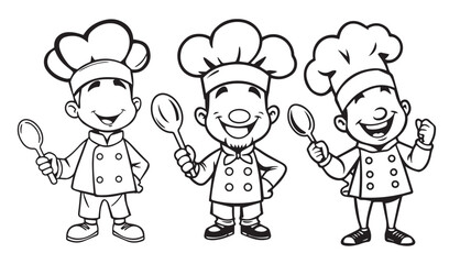 Black and white illustration of three happy cartoon chefs, each holding a spoon and smiling energetically, depicted in a delightful line art style, emphasizing teamwork, cooking, and culinary fun.