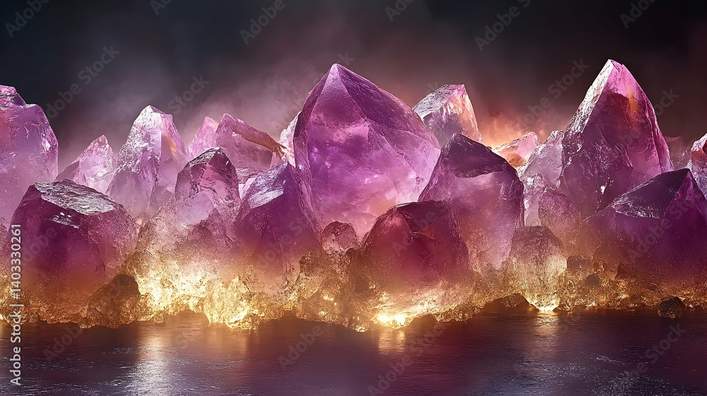 Aufkleber glimmering amethyst crystals illuminated by soft light in a mystical setting with fog