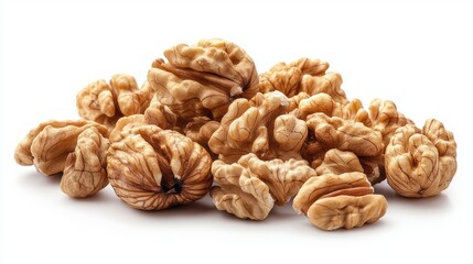 A pile of walnuts on a white background