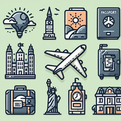 Airplane, suitcase, passport, hotel, and landmark icons in thin line style, travel sticker pack