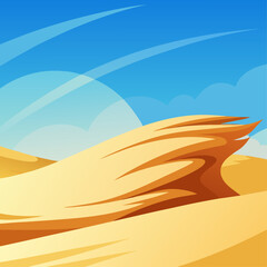 A desert landscape with a blue sky and clouds. The sky is filled with birds flying in different directions