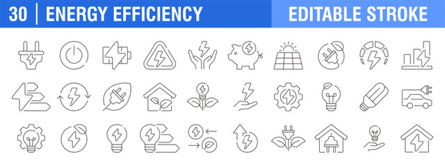 Collection of energy efficiency icons. Ecology, electricity, energy storage. Vector design template, signs, symbols, editable stroke.