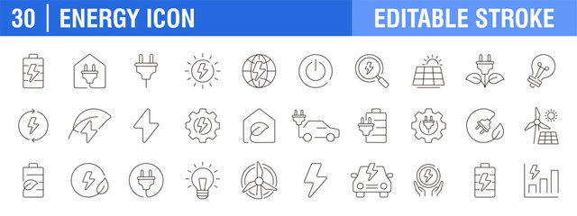 Collection of energy efficiency icons. Ecology, electricity, energy storage. Vector design template, signs, symbols, editable stroke.