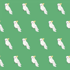Funny Cute Cockatoo Bird Seamless Patter. Wild Exotic Parrot Mascot Childish Textile Print Design. Positive Drawn Doodle Cartoon Character Wrapping Paper or Wallpaper Swatch Art. Scrapbook Surface © vanillamilk
