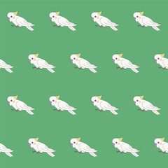 Funny Cute Cockatoo Bird Seamless Patter. Wild Exotic Parrot Mascot Childish Textile Print Design. Positive Drawn Doodle Cartoon Character Wrapping Paper or Wallpaper Swatch Art. Scrapbook Surface