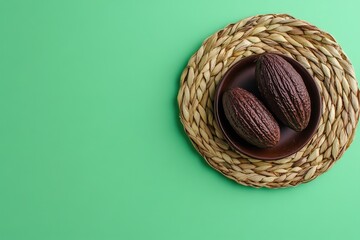 Obraz premium Two dark cacao pods resting on a woven placemat.