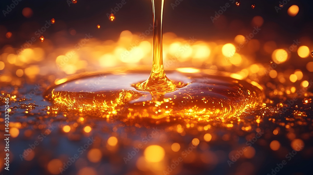 Poster glimmering golden liquid pouring into a shimmering pool, creating a mesmerizing display of light and