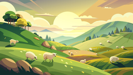 Obraz premium A group of sheep are grazing in a lush green field. The scene is peaceful and serene, with the sun shining brightly in the background. The sheep are scattered throughout the field
