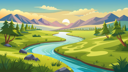A long river runs through a lush green valley with mountains in the background. The scene is peaceful and serene, with the water flowing gently and the trees providing a sense of tranquility