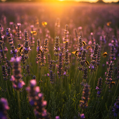 Obraz premium Bees flying over a field of lavender at sunset