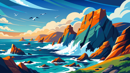 A beautiful painting of a rocky shoreline with crashing waves and seagulls flying in the sky