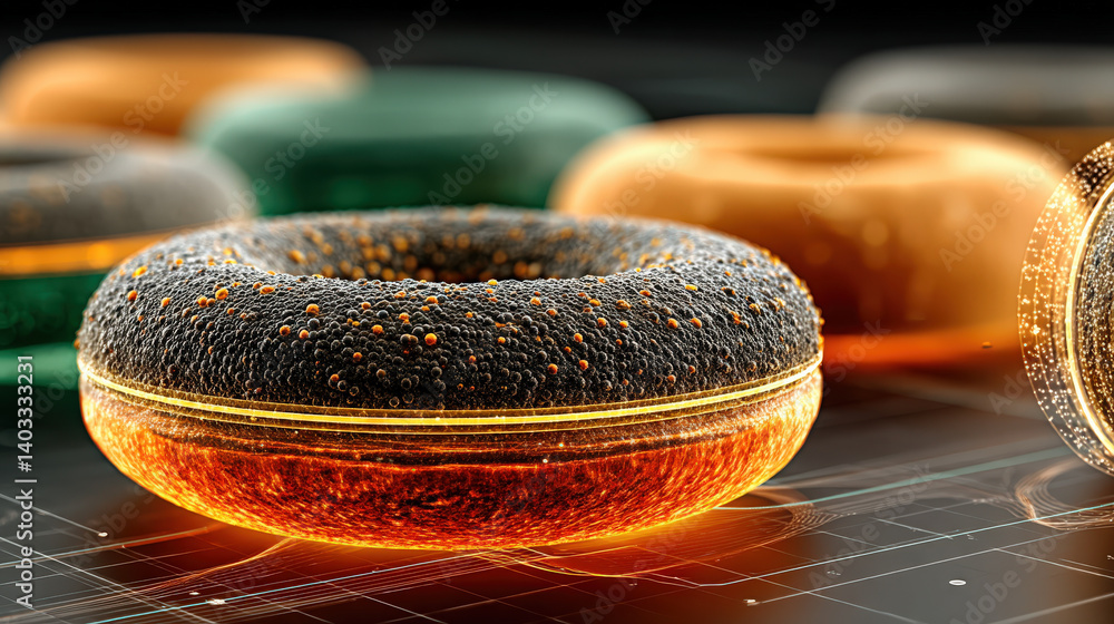 Poster collection of futuristic, holographic donut shapes in vibrant colors, resembling charts and graphs, 