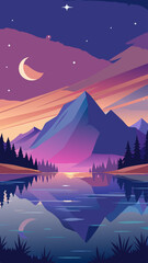 A beautiful landscape with a lake and mountains in the background. The sky is dark and the stars are shining brightly