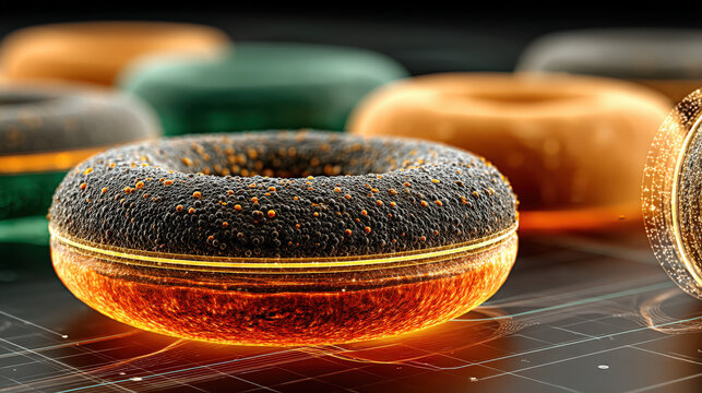 collection of futuristic, holographic donut shapes in vibrant colors, resembling charts and graphs, are suspended in digital space. scene is illuminated with glowing effect