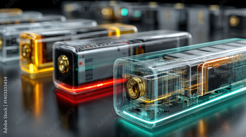 Aufkleber futuristic solid state batteries are displayed with transparent casings, showcasing intricate intern