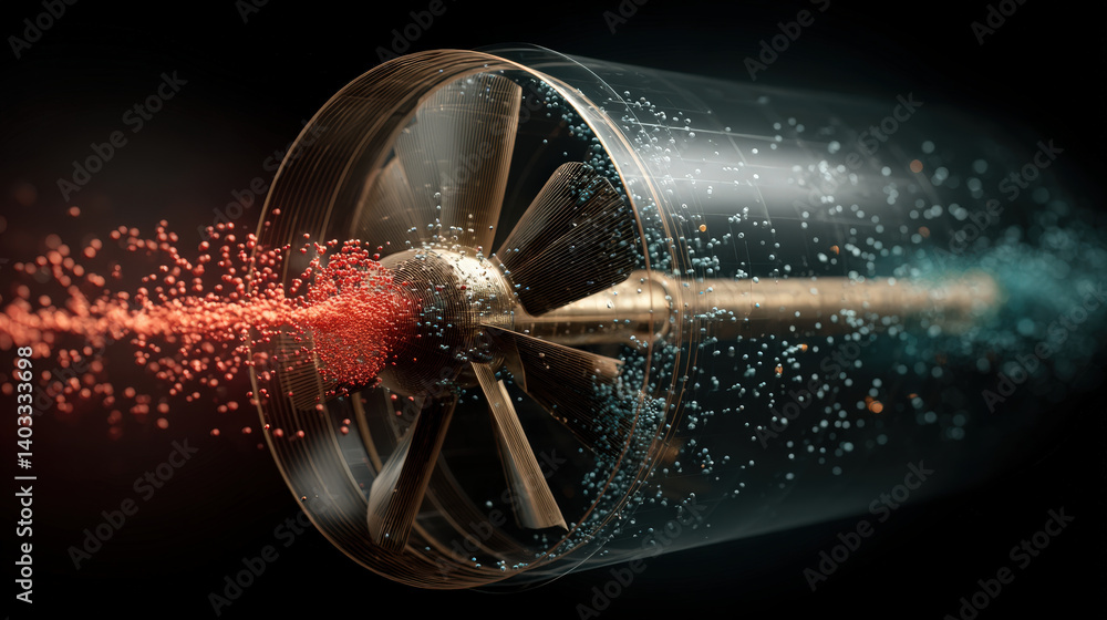 Poster dynamic visualization of kinetic energy simulation around turbine blade, showcasing vibrant particle