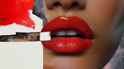Colorful abstract art featuring bold red lips with striking highlights and contrasting textures in modern design