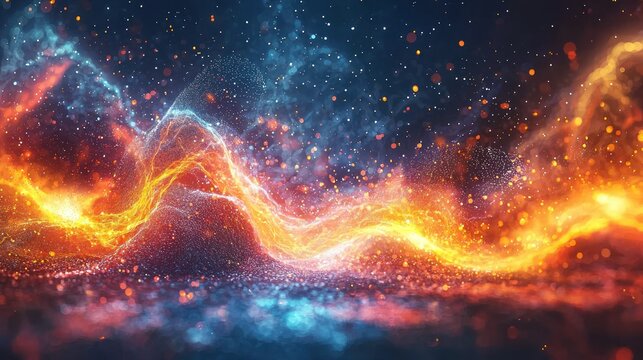 Abstract fiery and icy cosmic landscape. A digital artwork depicting a celestial event with vibrant colors and intricate details. Energy, power, and cosmic wonder captured in an imaginative design.