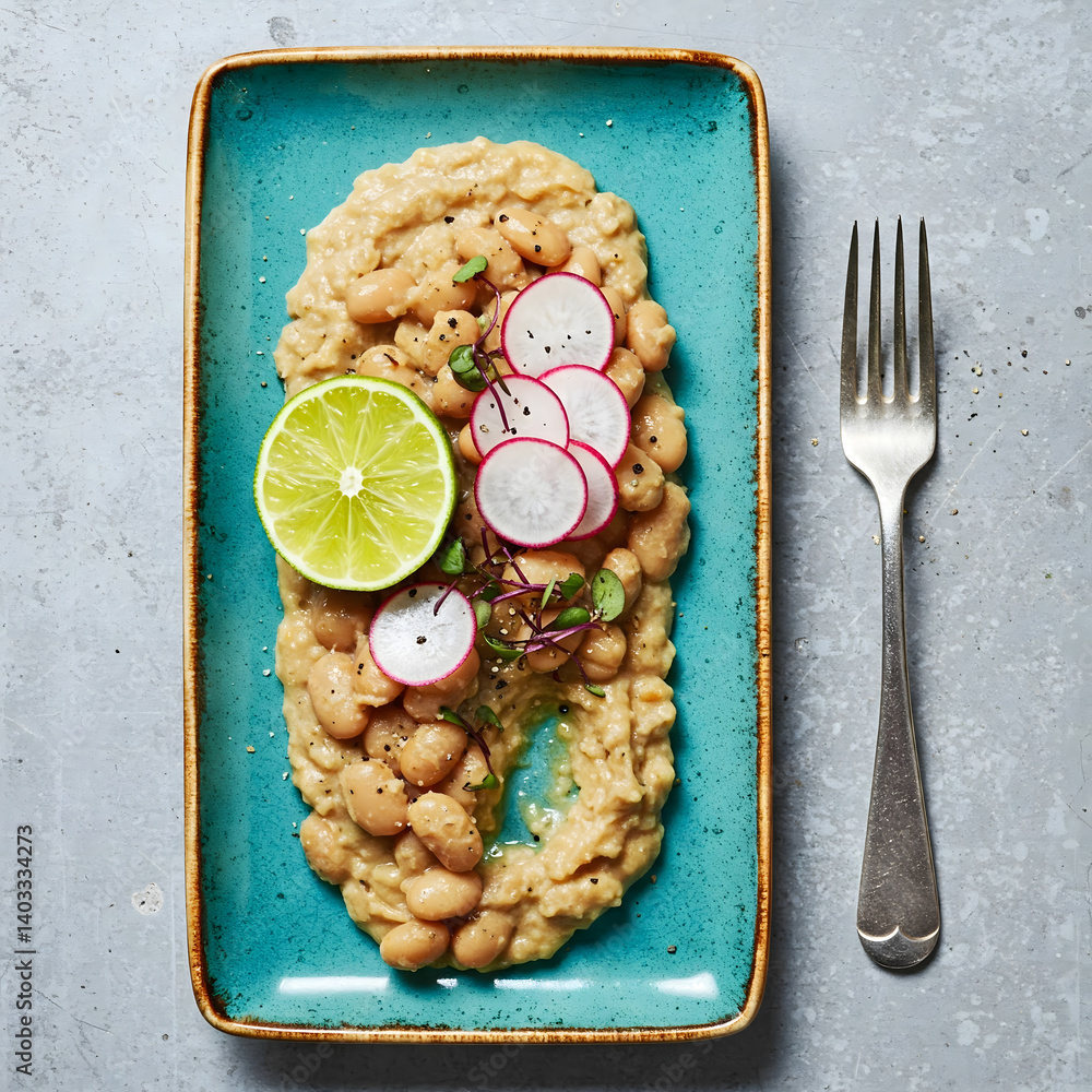Poster creamy beans on a teal plate with radish slices and a lime wedge, next to a fork