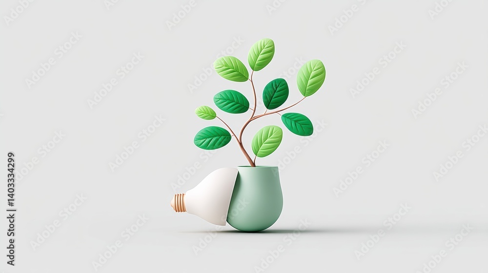 Poster lightbulb symbolizing concept. a green tree growing through a broken lightbulb