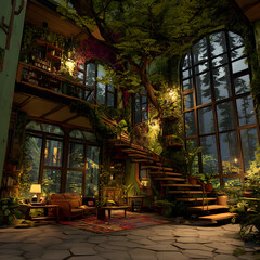 Fototapeta premium Lush Indoor Garden Room with Tree Staircase