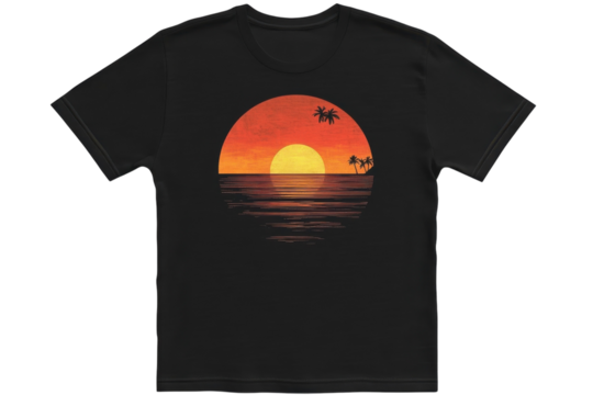 Tropical sunset tee shirt design vibrant ocean palm trees graphic dark shirt summer vibes
