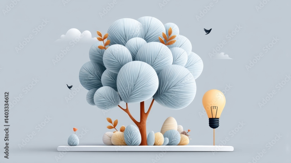 Poster lightbulb symbolizing concept. abstract tree shaped brain with a lightbulb idea