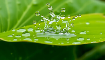 Water Splash On Green Leaf Macro Photo