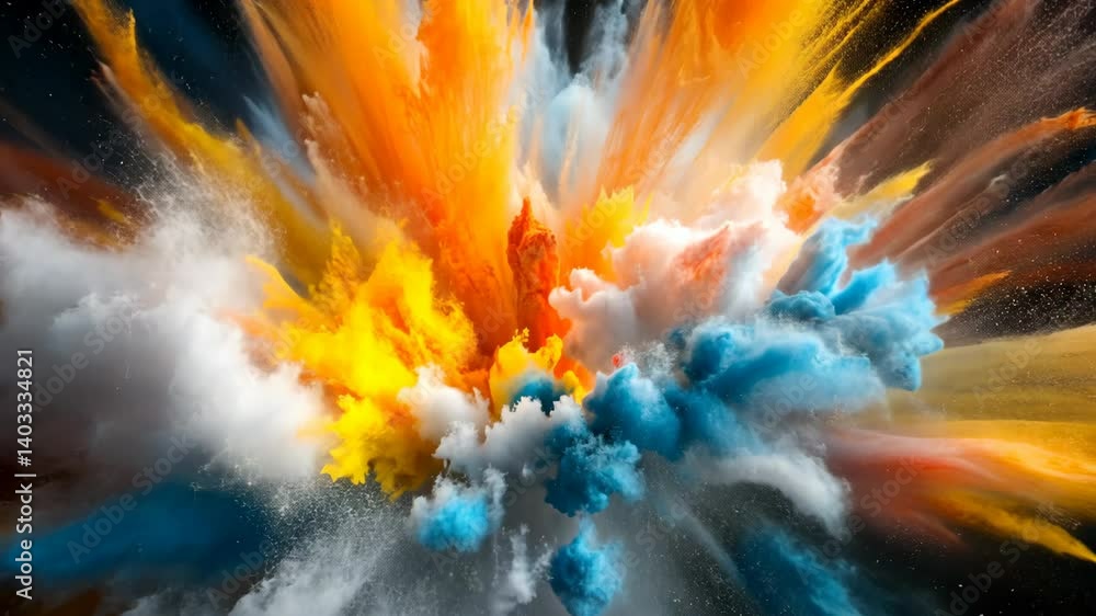 Poster vivid explosion of vibrant color dust particles suspended against dark backdrop in dynamic abstract 