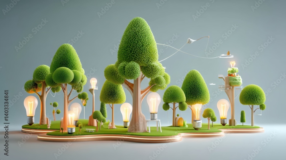 Poster lightbulb symbolizing concept. conceptual flat scene with multiple trees sprouting illuminated bulbs