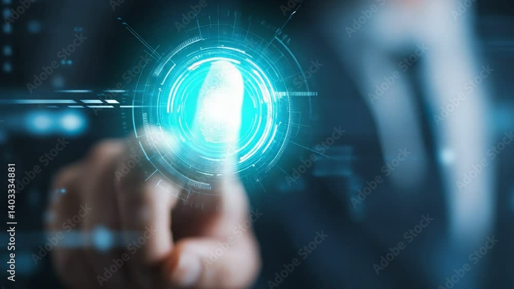 Poster digital fingerprint authentication: a close-up shot of a fingertip touching a glowing digital finger