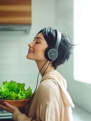 Happy woman with short dark hair in headphones holding wooden bowl with fresh green salad in kitchen. Ideal for blogs about healthy lifestyle, proper nutrition and love of music.