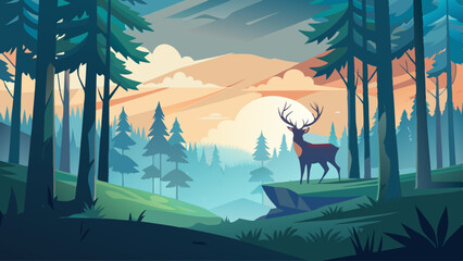 A deer is standing in a forest with a mountain in the background. The scene is peaceful and serene