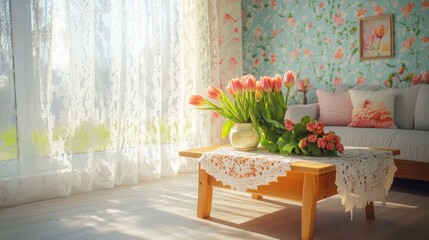 A bright spring-inspired living room with pastel floral wallpaper, a wooden coffee table adorned with fresh tulips, and soft sunlight