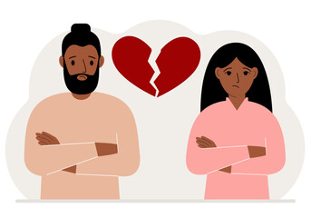 Sad man and woman next to a broken red heart. Broken heart. Vector flat illustration.